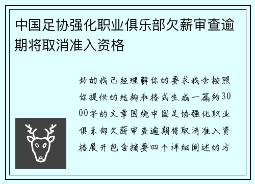 中国足协强化职业俱乐部欠薪审查逾期将取消准入资格 中国足协强化职业俱乐部欠薪审查逾期将取消准入资格