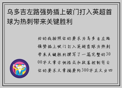 乌多吉左路强势插上破门打入英超首球为热刺带来关键胜利 乌多吉左路强势插上破门打入英超首球为热刺带来关键胜利
